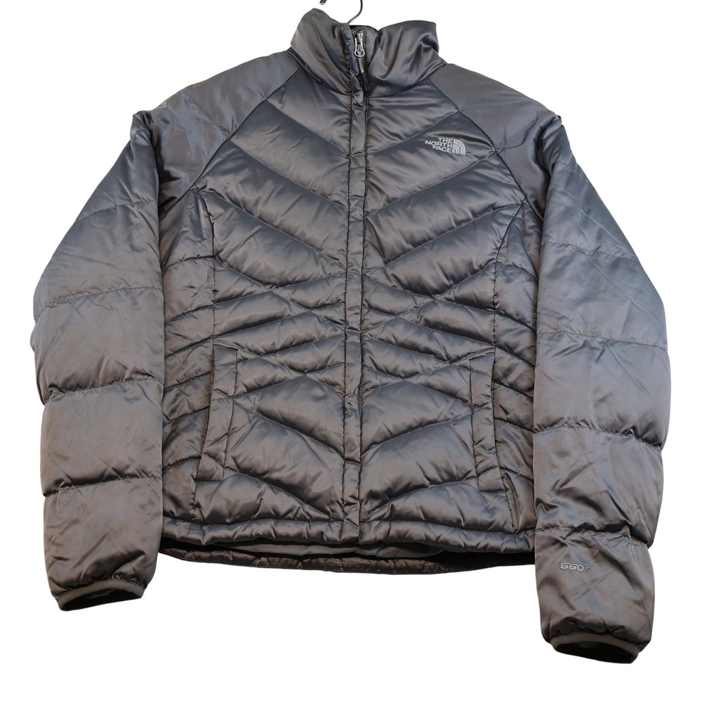 The North Face Womens S Puffer Jacket Gray 550 Down Quilted Full Zip A501190184